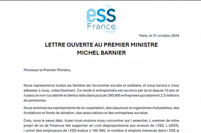 Lettre ouverte d'ESS France au Premier Ministre, Michel Barnier